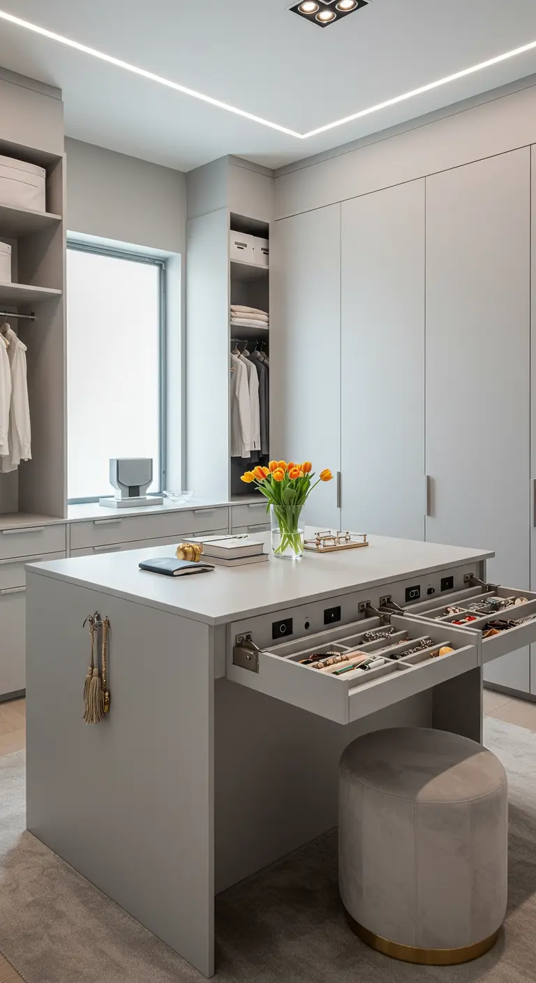 Dressing gris moderne, îlot avec tiroirs à bijoux, banquette sous fenêtre.