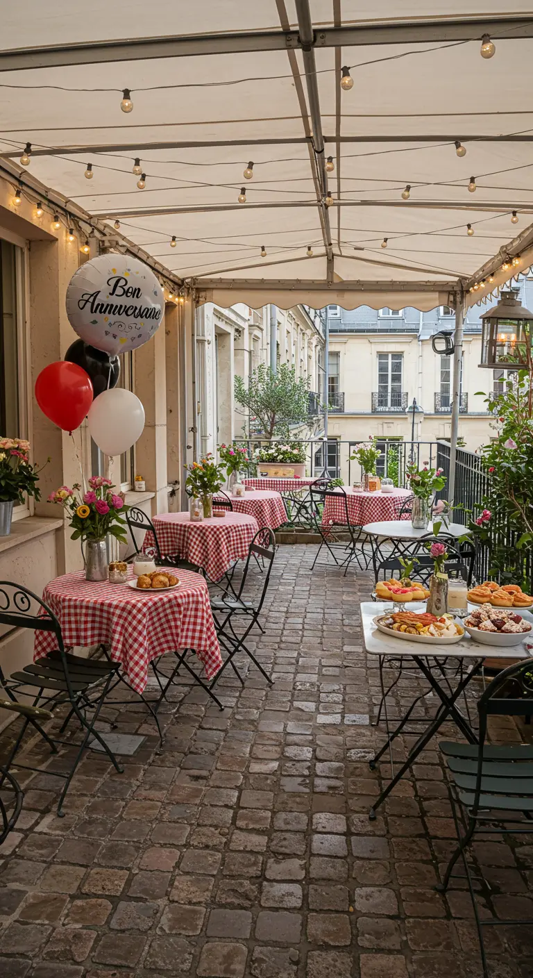 Terrasse style bistrot parisien avec nappes à carreaux rouges et fleurs.