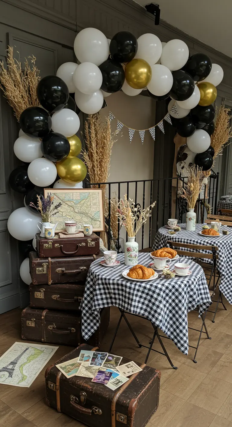 Décor de bistrot parisien avec ballons noirs et blancs, nappes à carreaux et valises vintage.