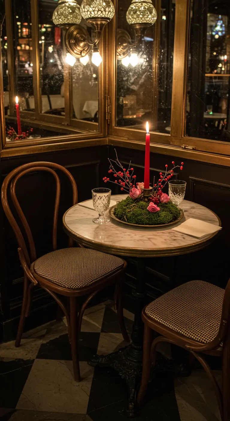 Centre de table bistrot avec mousse, bougie rouge, baies et roses rouges sur une petite table en marbre.