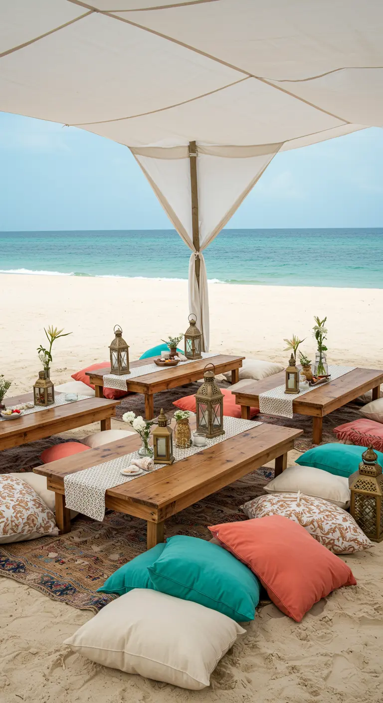 Pique-nique oriental sur la plage avec tables basses, tapis et coussins colorés.