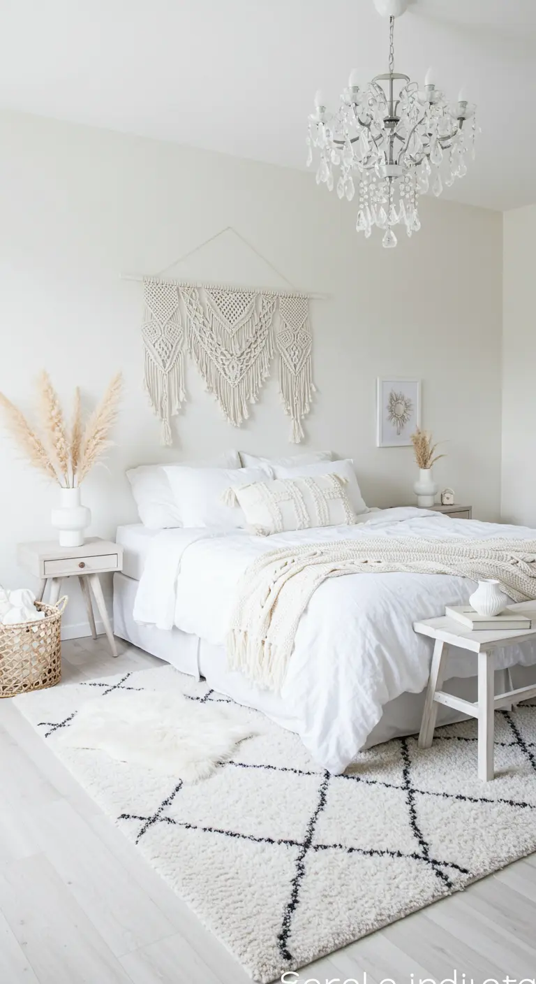 Chambre toute blanche avec un lit en lin, un tapis berbère et une tenture en macramé.
