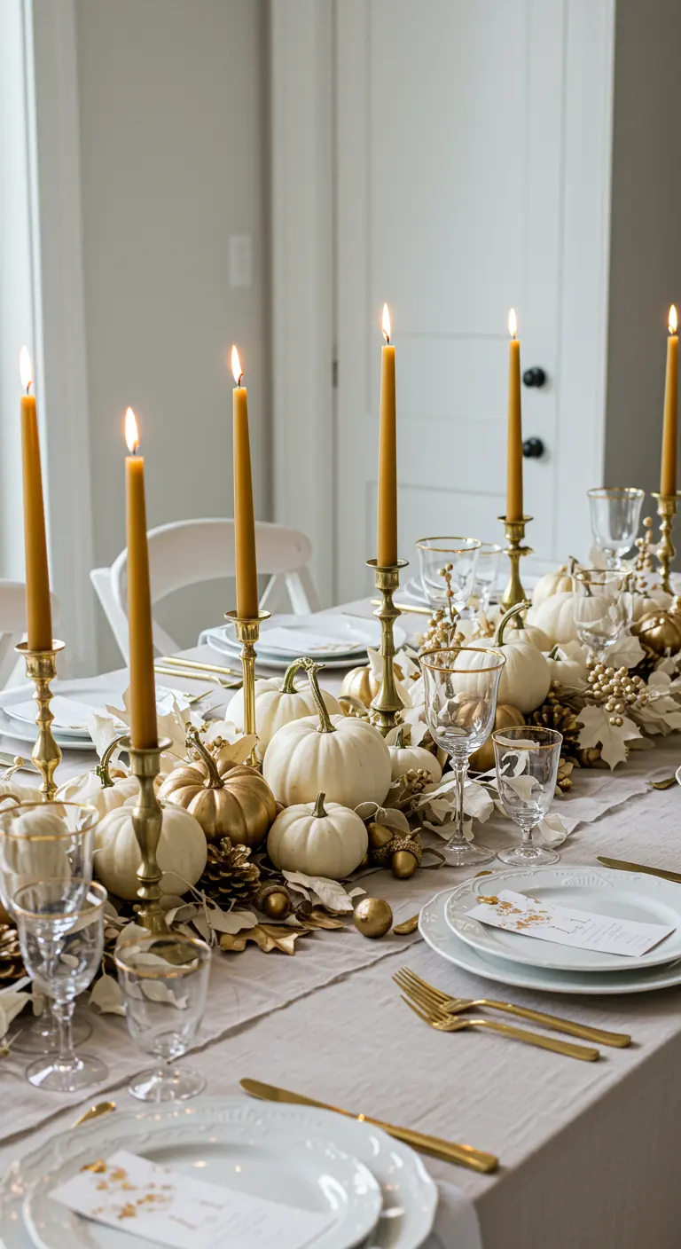 Une table élégante avec nappe blanche, citrouilles blanches et dorées, bougeoirs dorés et bougies ambrées.