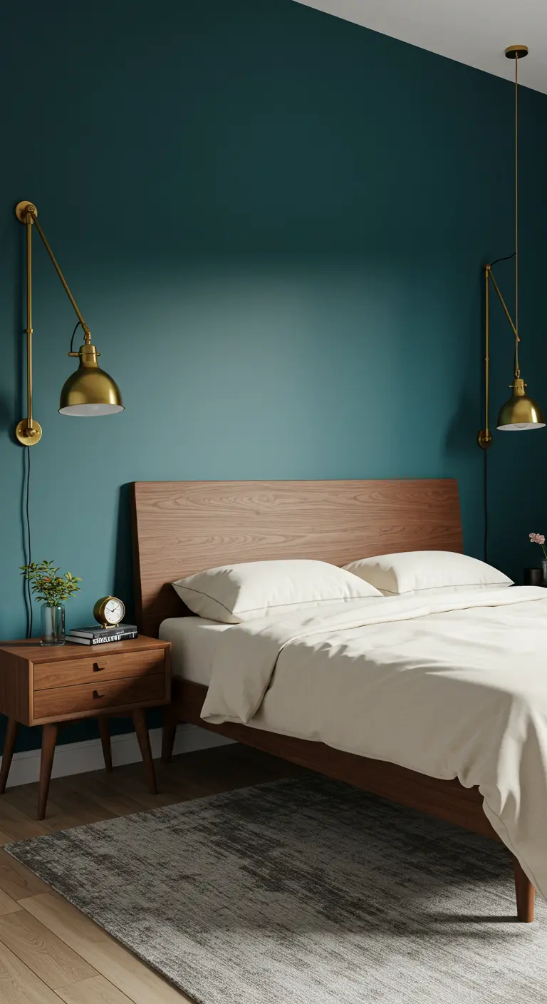 Chambre d'inspiration Mid-Century avec un mur bleu canard et du mobilier en noyer.
