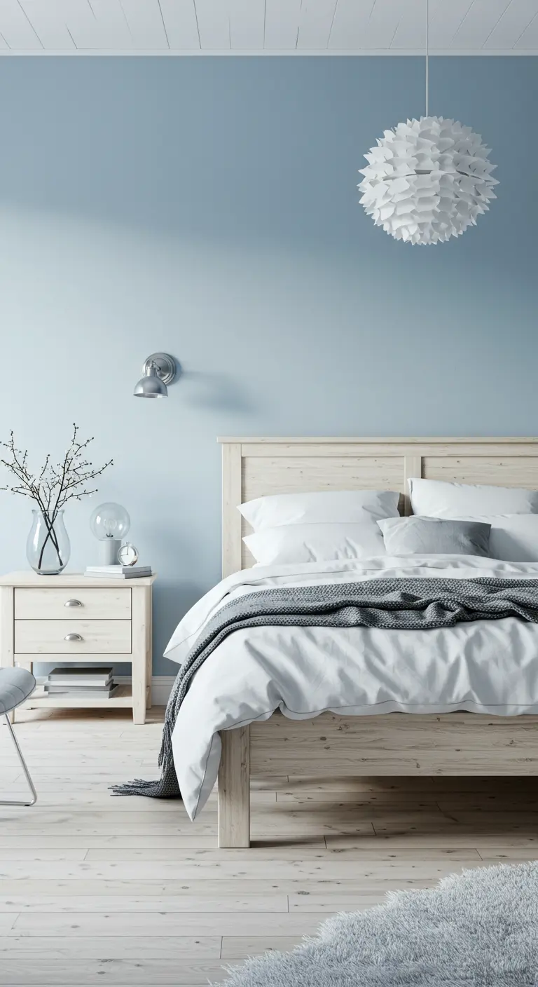 Chambre lumineuse avec murs bleu ciel, mobilier en bois blanchi et linge de lit blanc.