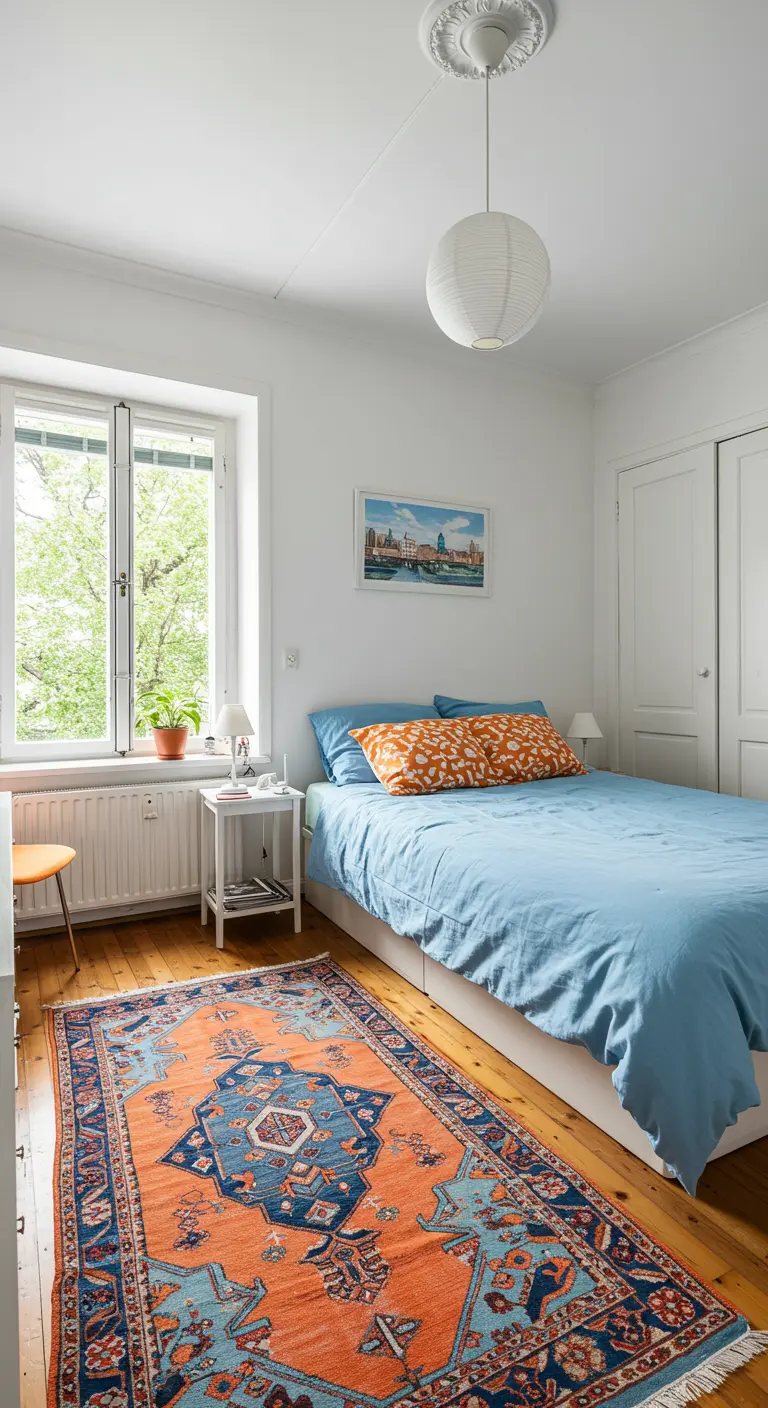 Chambre simple avec murs blancs, lit bleu ciel et un tapis kilim orange et bleu.