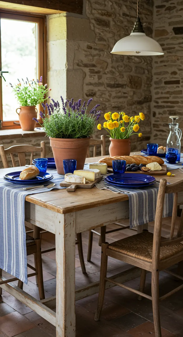 Table de Pâques de style provençal avec chemin de table rayé, vaisselle bleue, lavande et renoncules jaunes.
