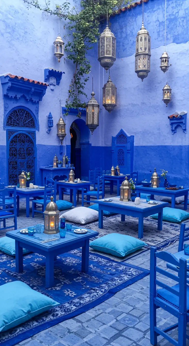 Cour marocaine entièrement bleue avec tables, chaises, coussins et lanternes en métal.