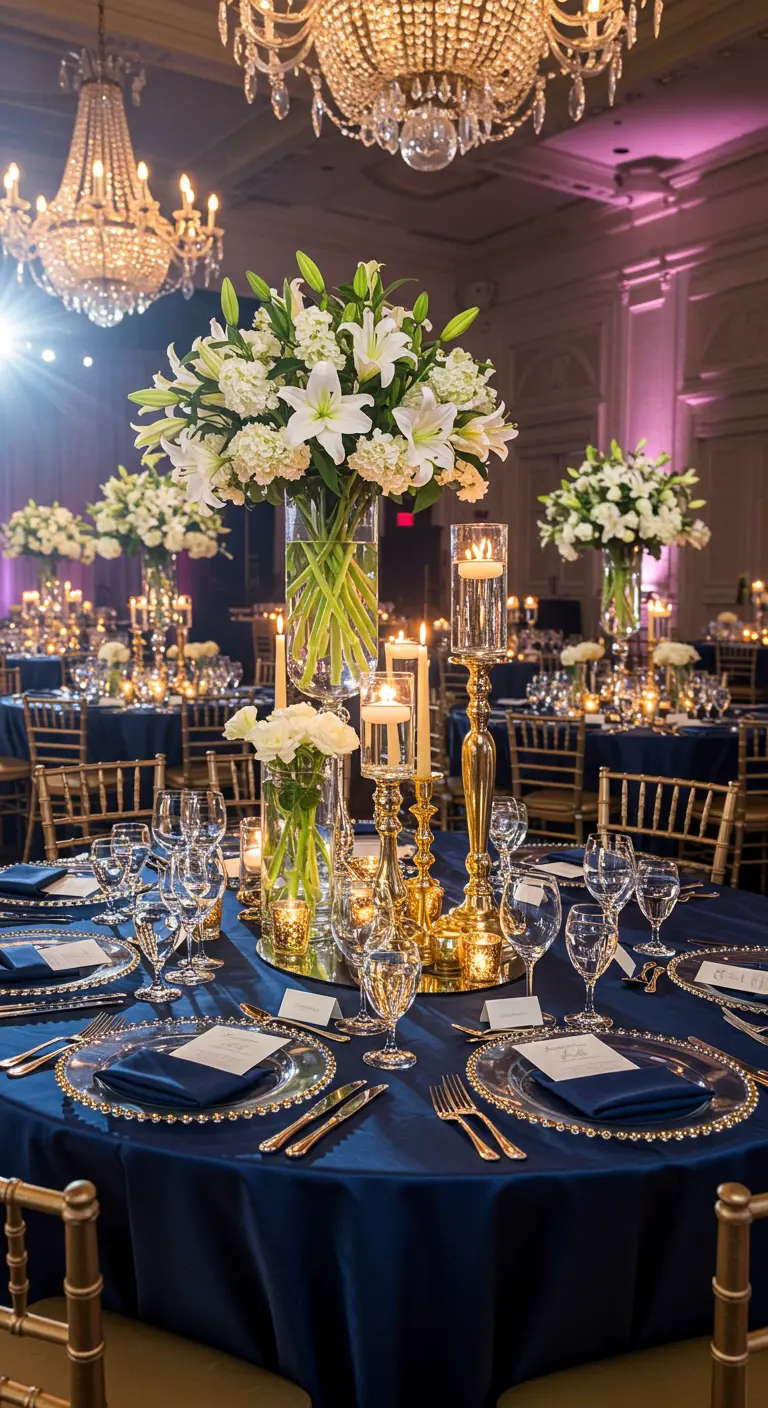 Grande table de réception avec nappe bleu marine, centres de table floraux blancs et dorures élégantes.