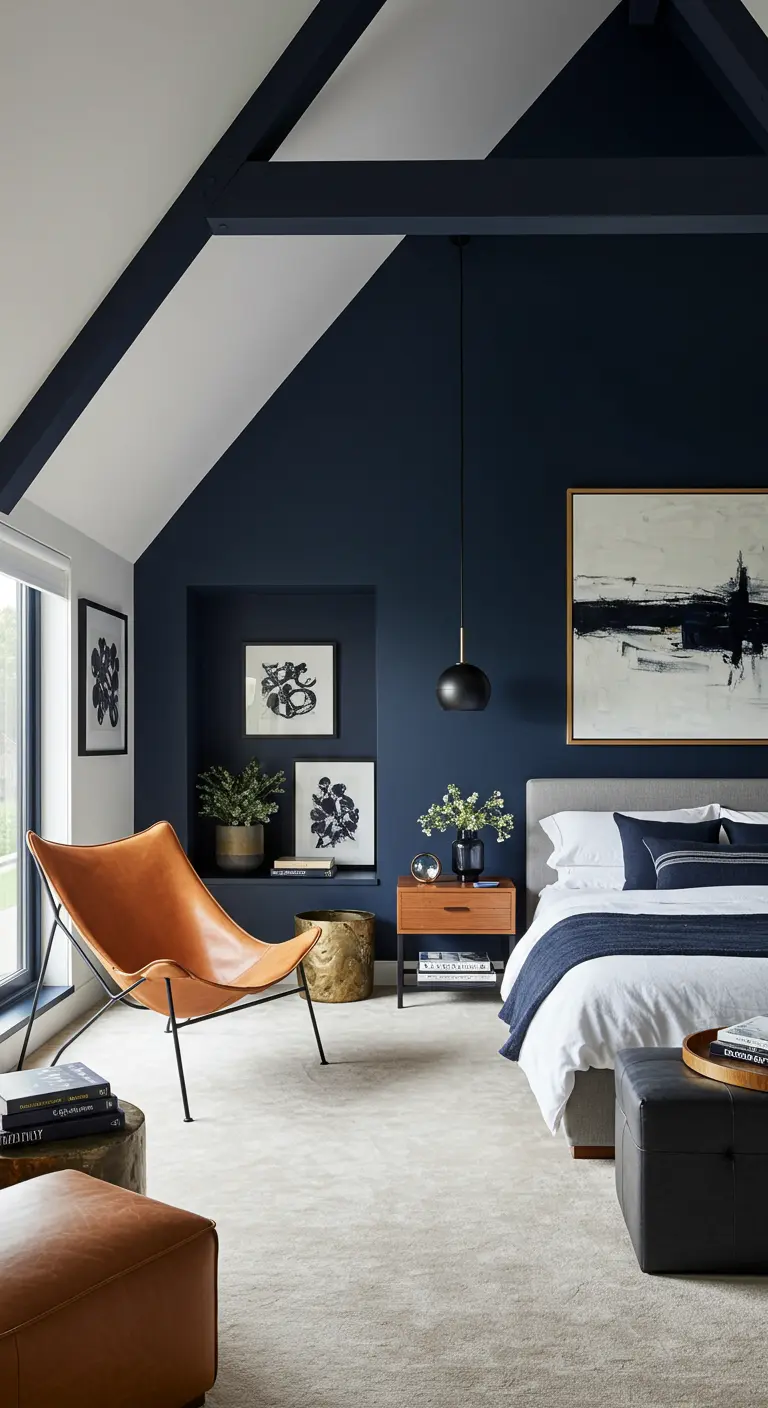 Chambre mansardée avec murs bleu nuit et un fauteuil en cuir de couleur fauve.