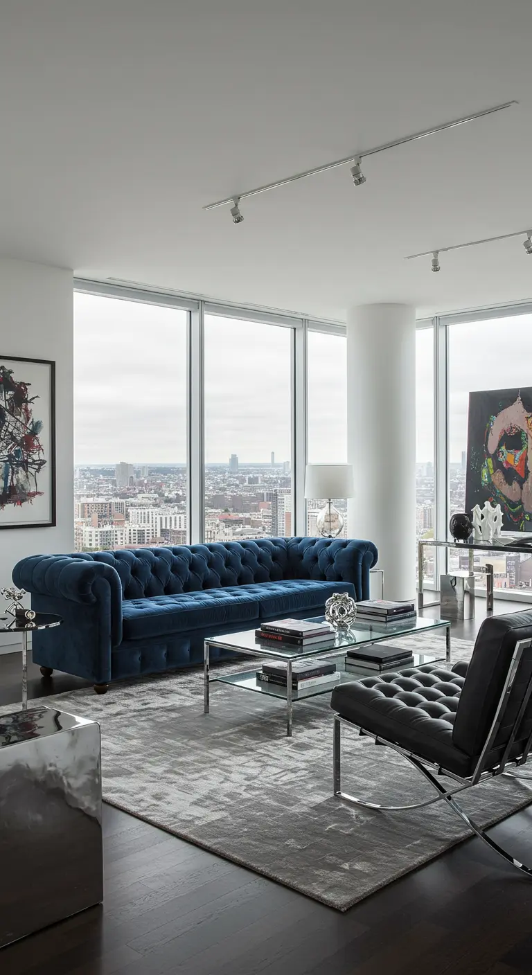 Salon moderne avec canapé Chesterfield bleu, tables basses en verre et tapis gris abstrait.
