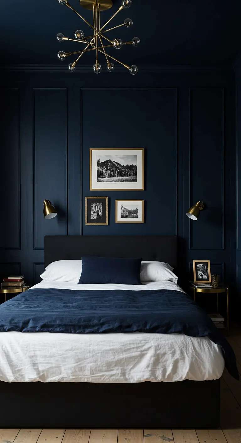 Chambre élégante avec des murs bleu nuit, un lit sobre et des luminaires en laiton doré.