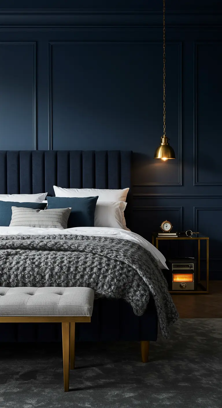 Chambre élégante avec murs bleu marine, plaid en grosse maille grise et détails en laiton.