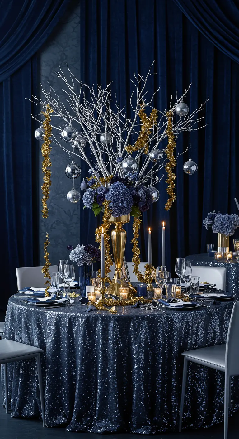 Table de réception élégante avec nappe à sequins bleu, branches blanches décorées d'argent et d'or, et fleurs bleues.