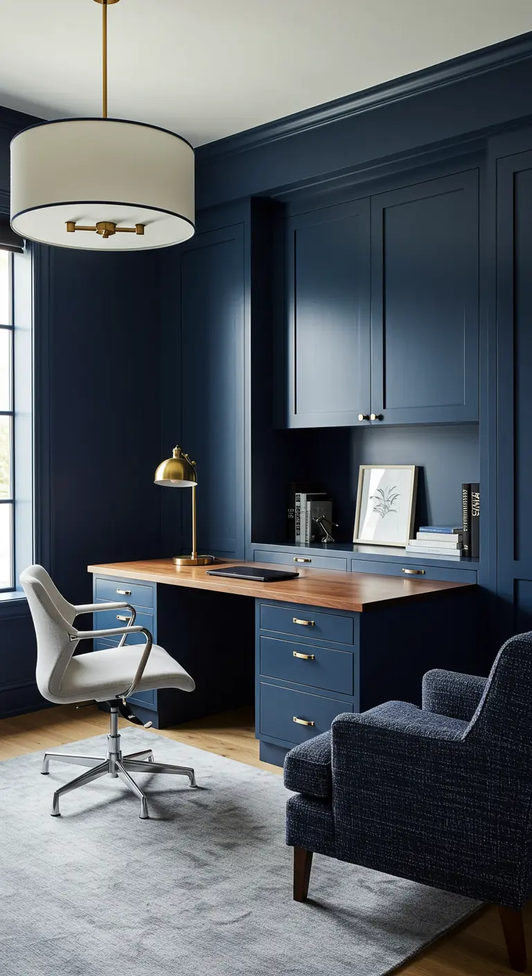 Bureau intégré bleu marine avec poignées en laiton et un fauteuil gris.