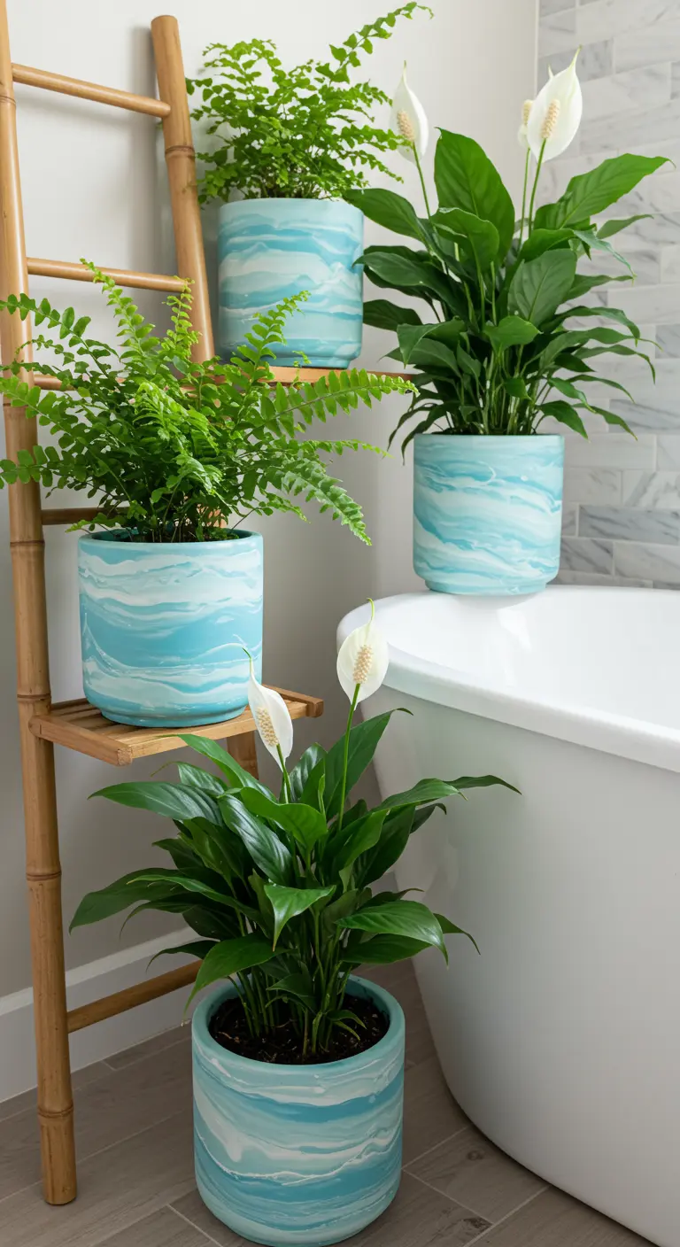 Pots marbrés bleu ciel et blanc avec fougères et Spathiphyllums, décor de salle de bain.