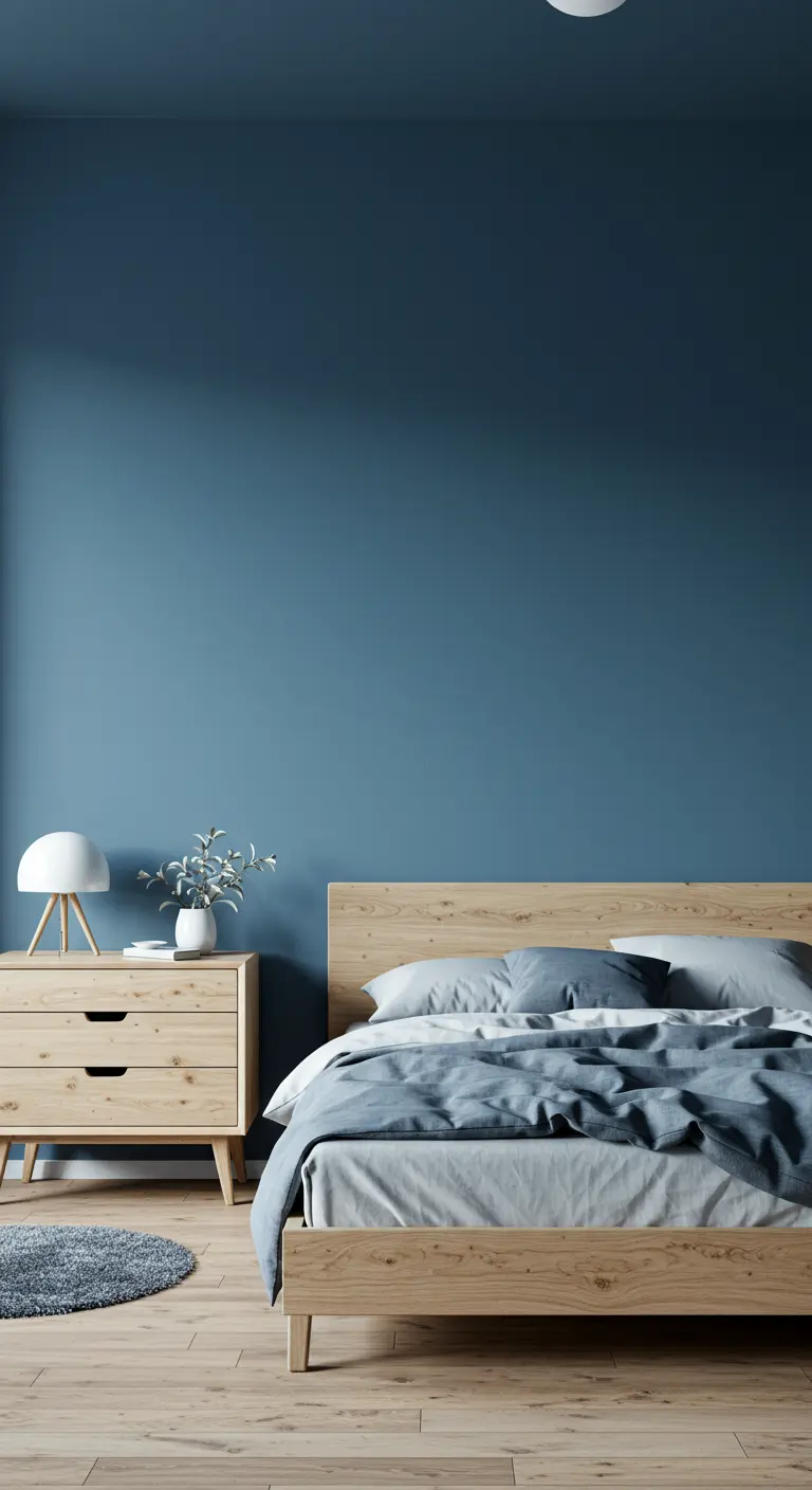 Chambre scandinave classique avec des murs bleu poussiéreux et un mobilier en chêne clair.
