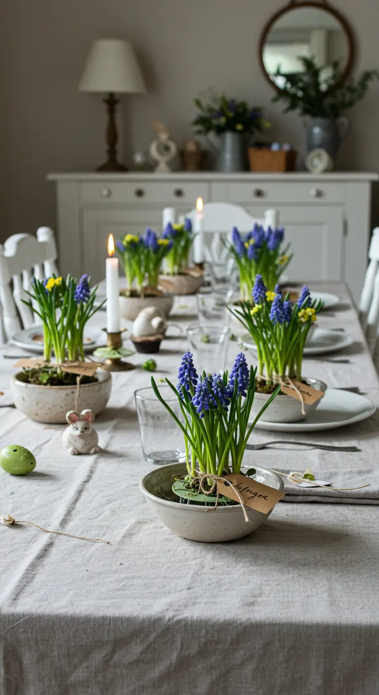 Muscaris en pots de céramique artisanale sur une table de Pâques à l'ambiance douce.