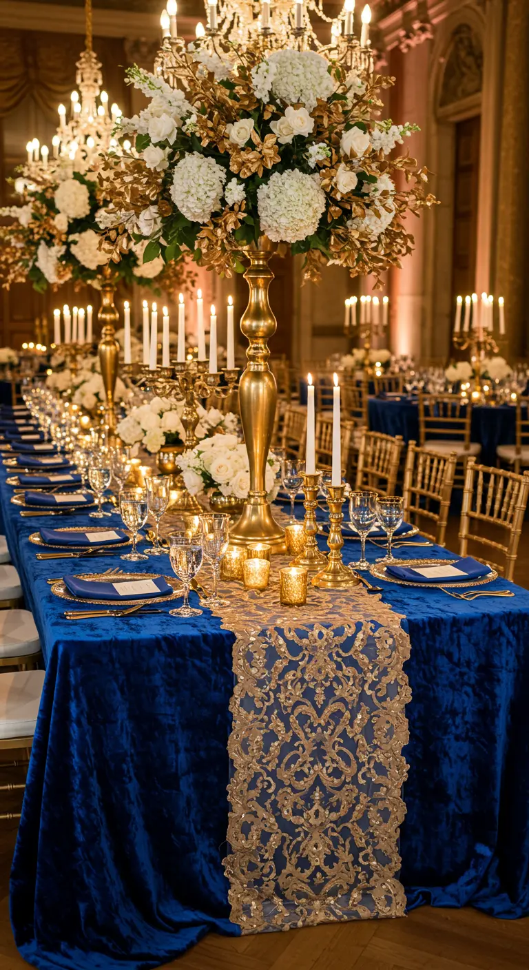 Grande table de banquet luxueuse avec nappe bleu velours, chemin de table doré et compositions florales imposantes.