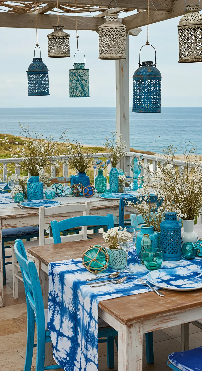 Terrasse en bord de mer avec une table décorée d'une nappe tie-dye bleue, vases bleus, et lanternes suspendues.
