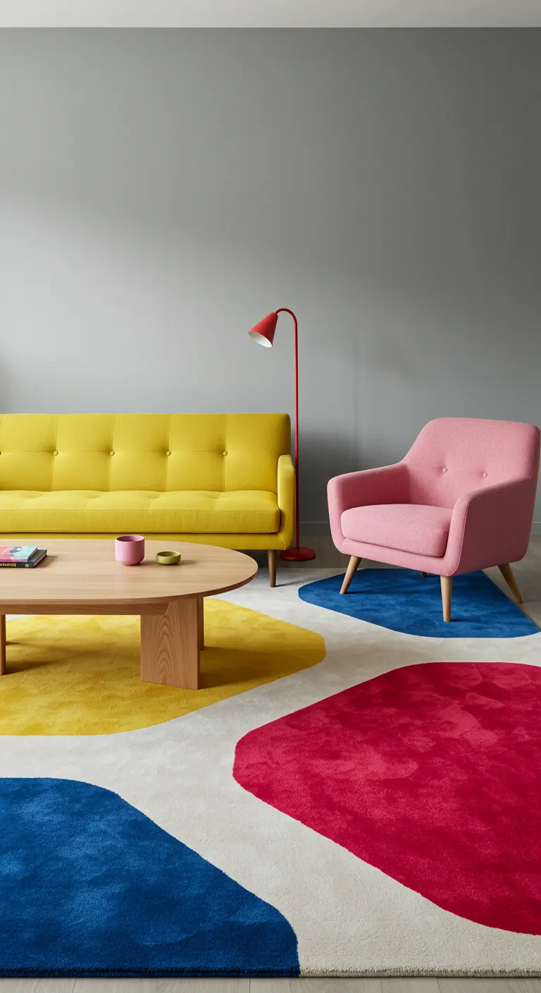Salon coloré avec canapé jaune, fauteuil rose et tapis abstrait à formes géométriques primaires.