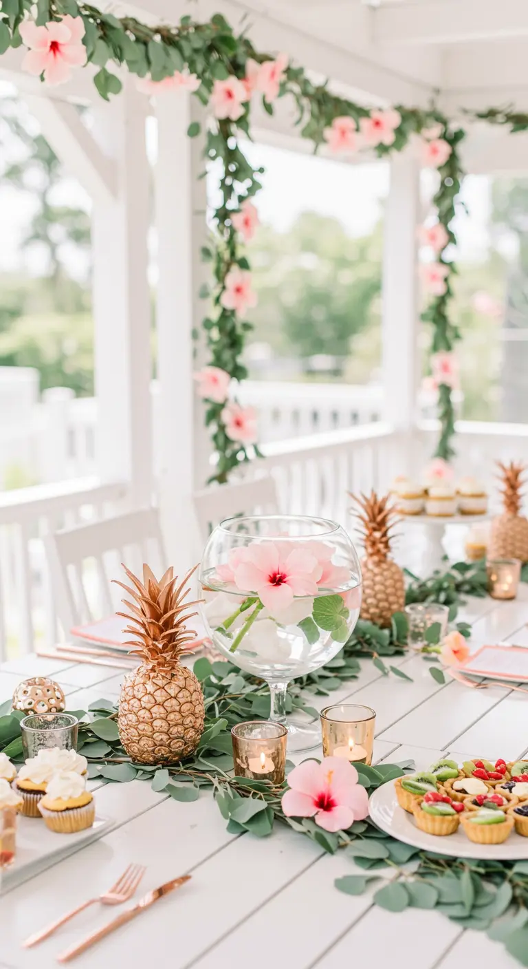 Table blanche décorée d'ananas or rose, d'eucalyptus et de fleurs d'hibiscus.