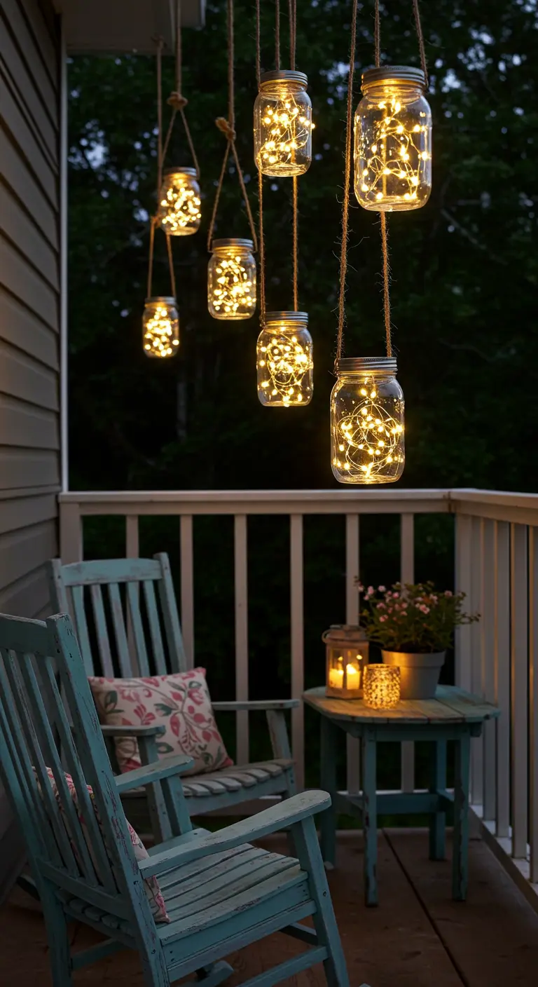 Bocaux en verre contenant des guirlandes lumineuses, suspendus à des cordes.