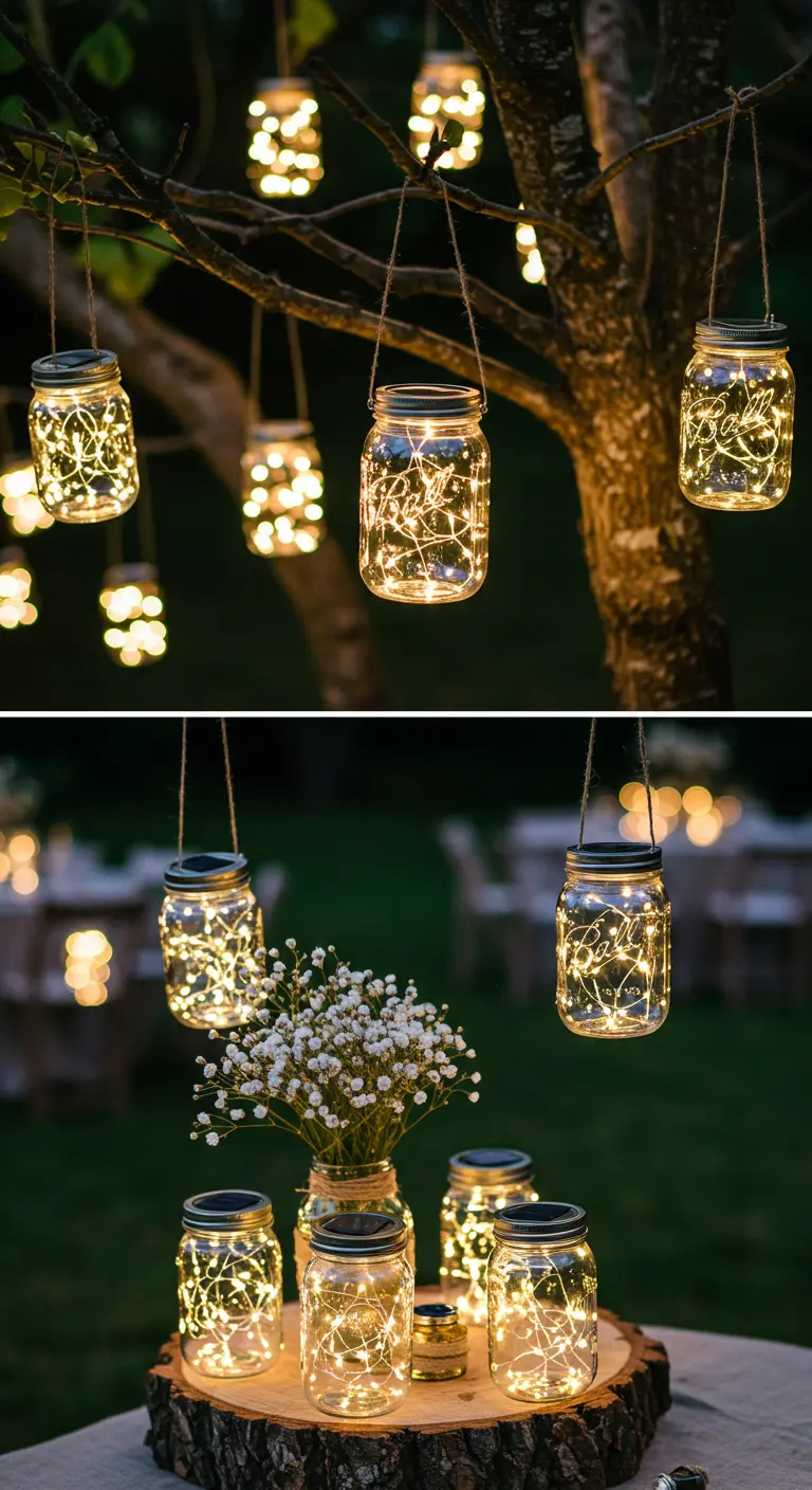 Bocaux en verre avec guirlandes lumineuses suspendus aux arbres et posés sur une table.