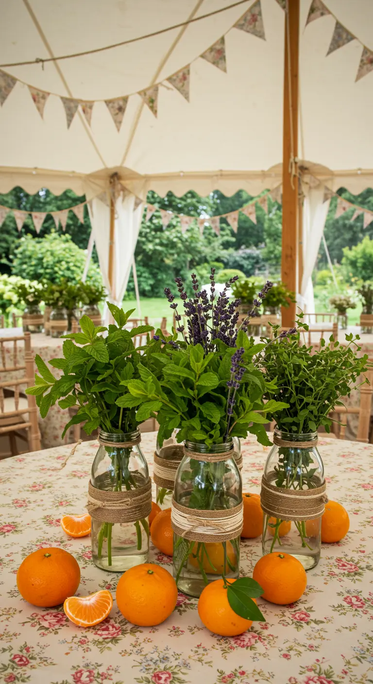 Bocaux en verre remplis de menthe et de lavande sur une nappe fleurie.