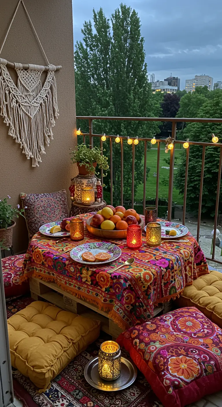 Balcon bohème avec table basse en palettes, textiles colorés, coussins de sol et guirlande lumineuse.