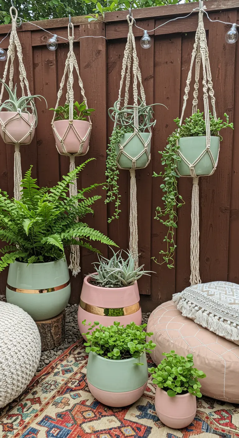 Pots pastel et macramé suspendus avec des plantes vertes sur une terrasse bohème