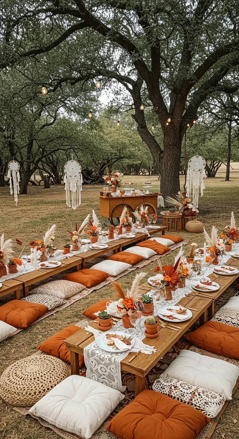 Ambiance bohème chic en extérieur avec tables basses, coussins au sol, macramés et herbe de la pampa.
