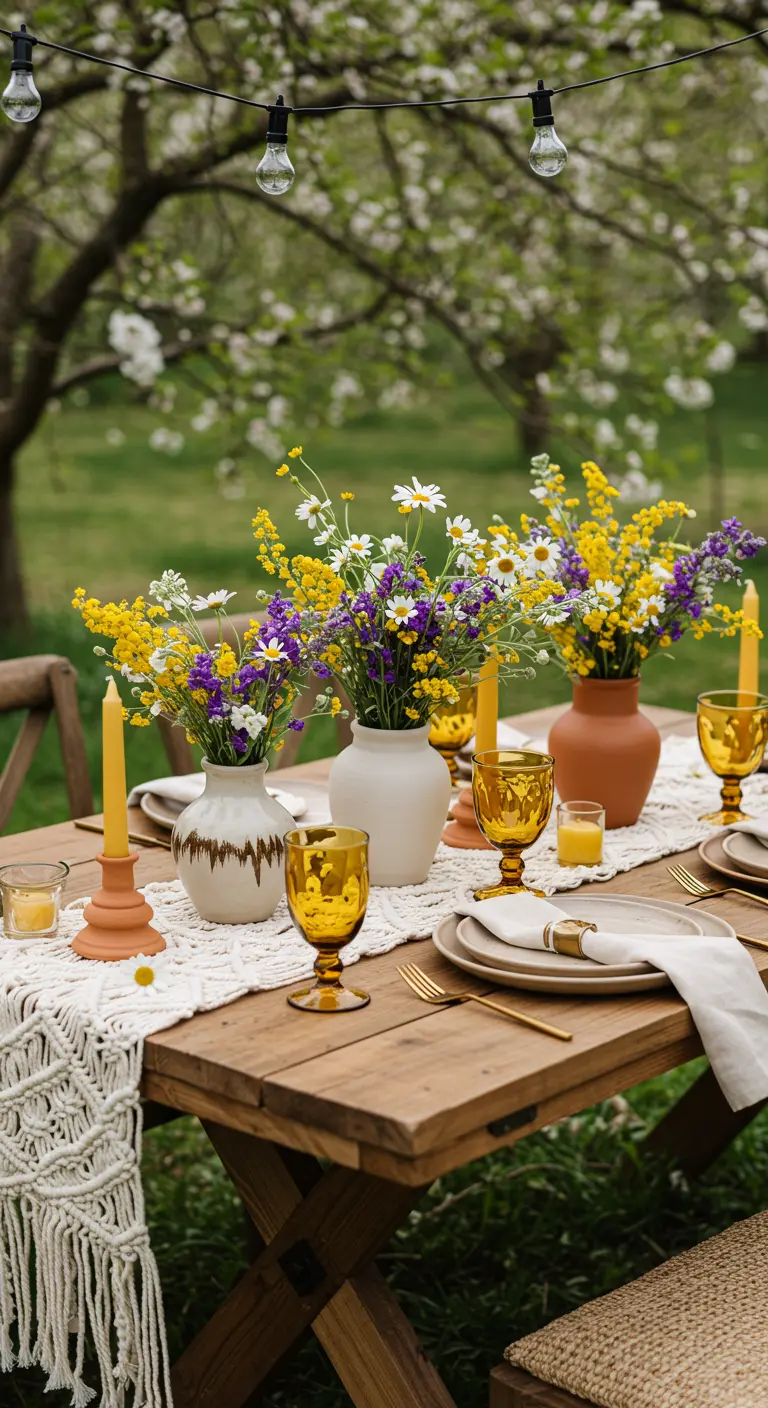 Table en bois bohème en extérieur avec chemin en macramé, fleurs sauvages et verres ambrés.