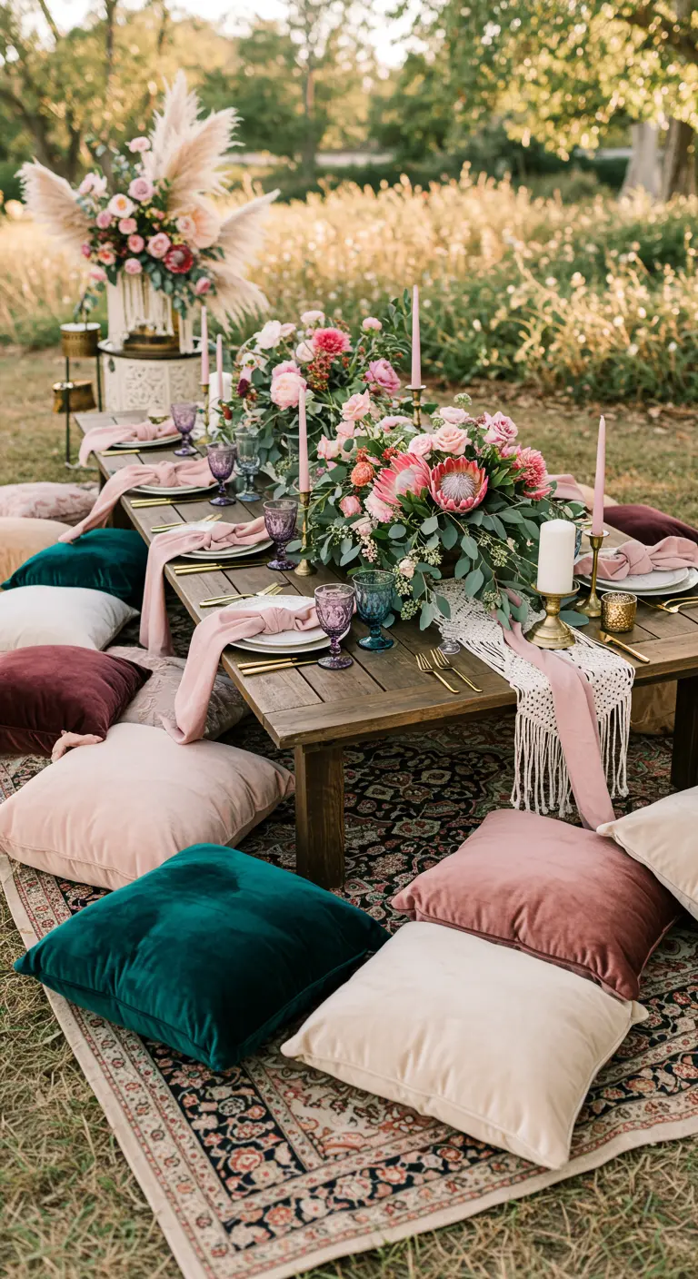 Pique-nique bohème avec table basse, coussins en velours, tapis oriental et bouquets de fleurs séchées.