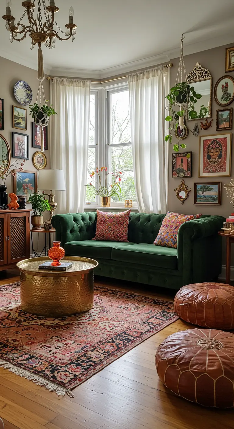 Salon bohème chic avec canapé velours vert, mur galerie éclectique, tapis coloré, poufs en cuir et plantes suspendues.
