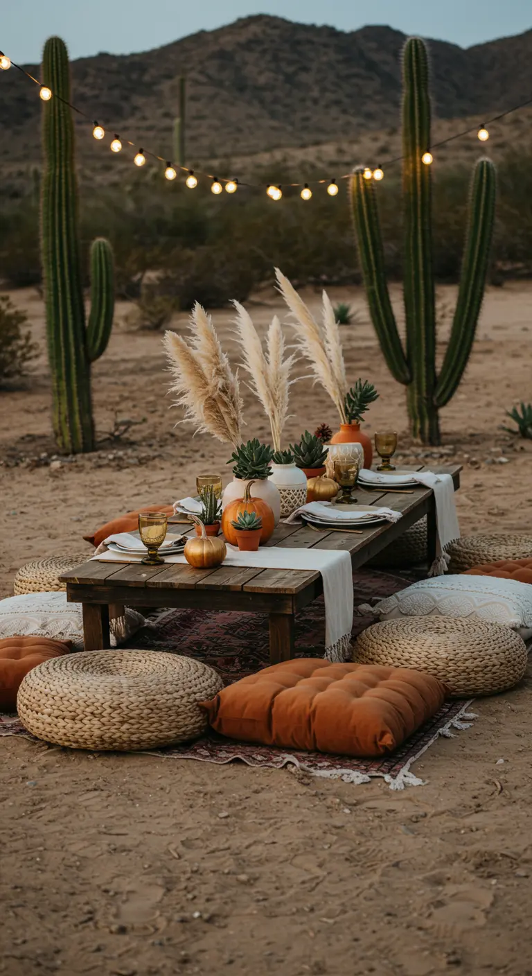 Pique-nique bohème dans le désert avec cactus et guirlandes lumineuses.