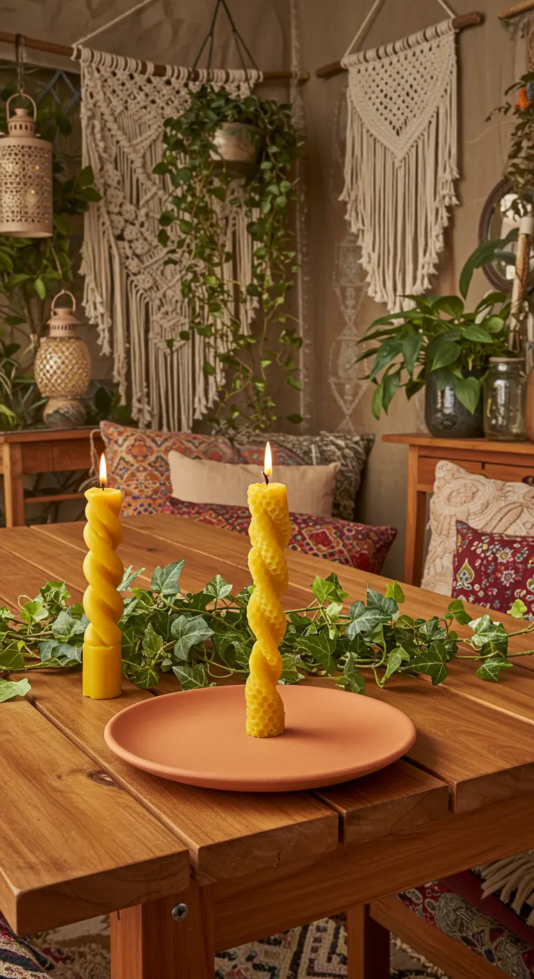 Bougies torsadées en cire d'abeille sur assiette en terre cuite avec du lierre.