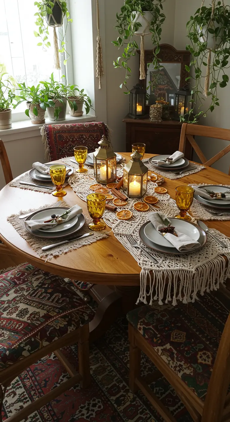 Table ronde de style bohème avec un chemin de table en macramé, des lanternes et des oranges séchées.