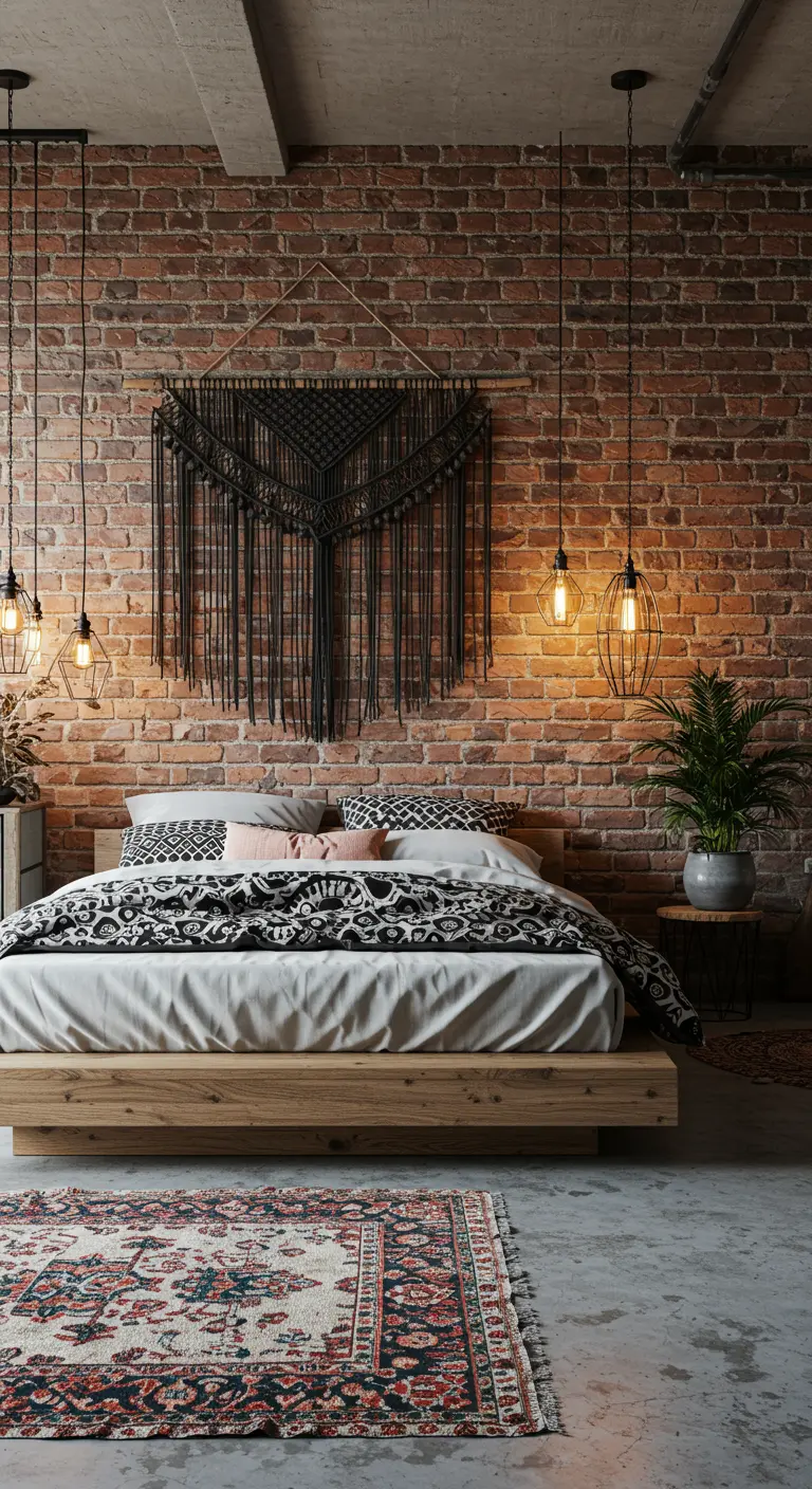 Chambre industrielle bohème avec mur de briques, macramé noir et lumières suspendues.