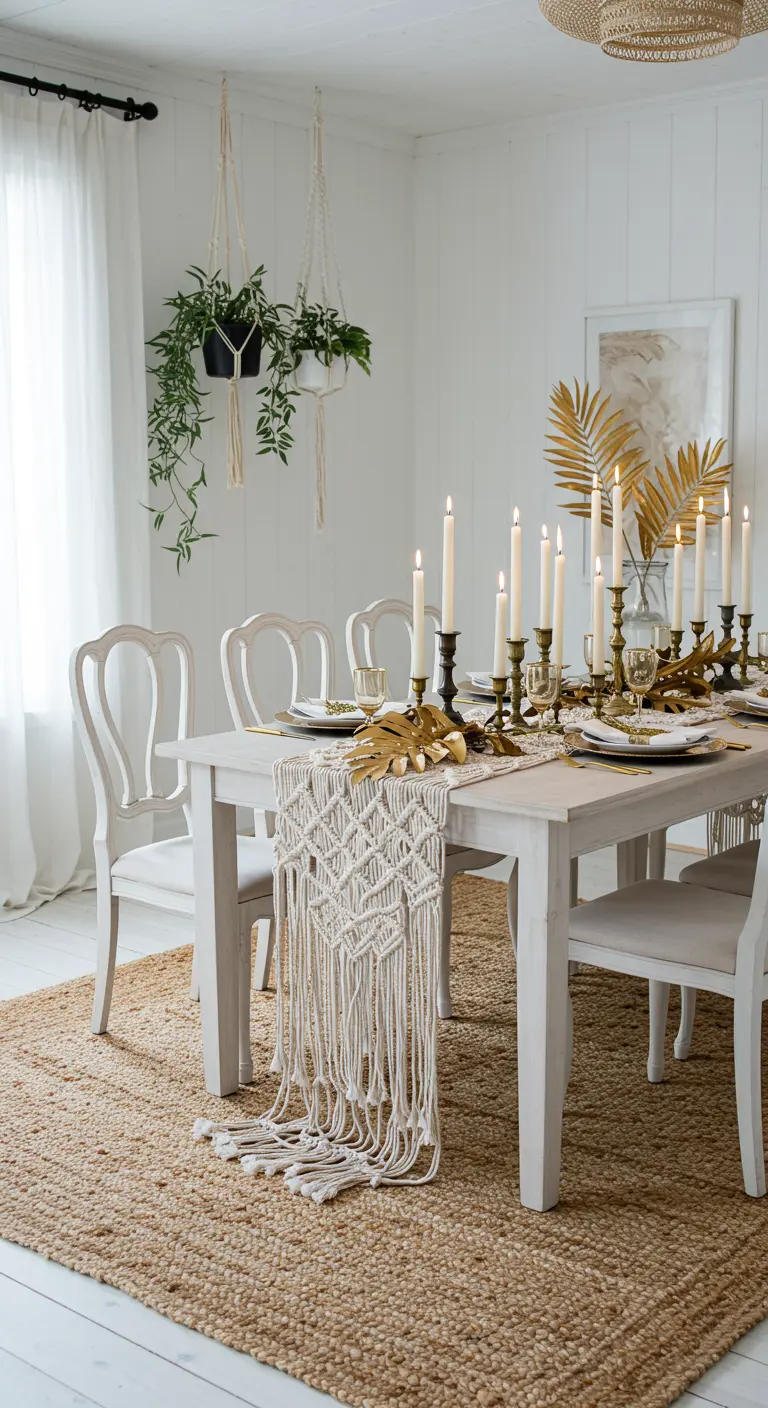 Table de style bohème avec un chemin de table en macramé, des bougies et des feuilles de palmier dorées.