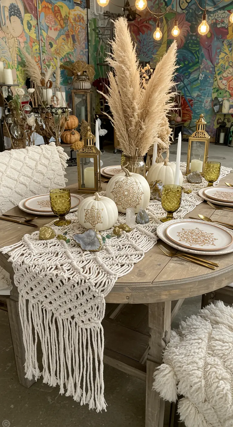 Table ronde rustique avec chemin de table macramé, herbe de la pampa, citrouilles blanches à motifs dorés, verres verts.
