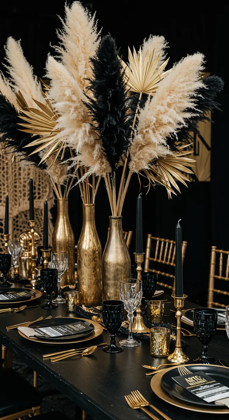 Table de fête noire et or avec de grands vases dorés remplis de pampa beige et noire.