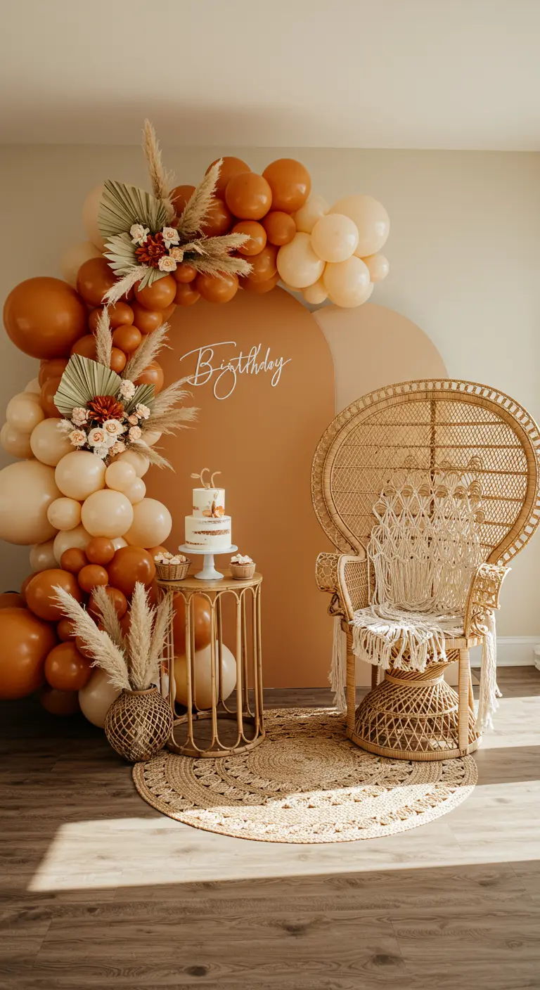 Arche de ballons bohème avec pampas, fauteuil en rotin et gâteau d'anniversaire.
