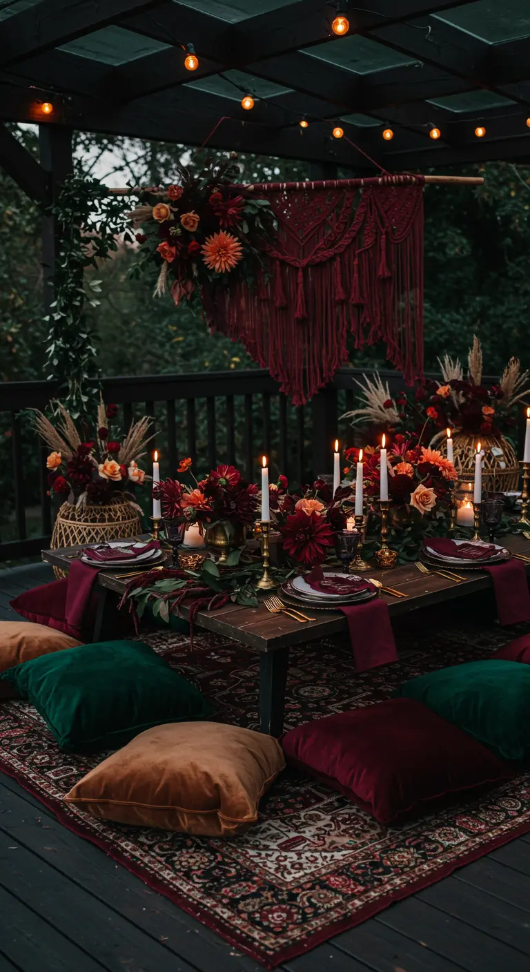 Table de fête bohème aux couleurs sombres avec velours et fleurs bordeaux.