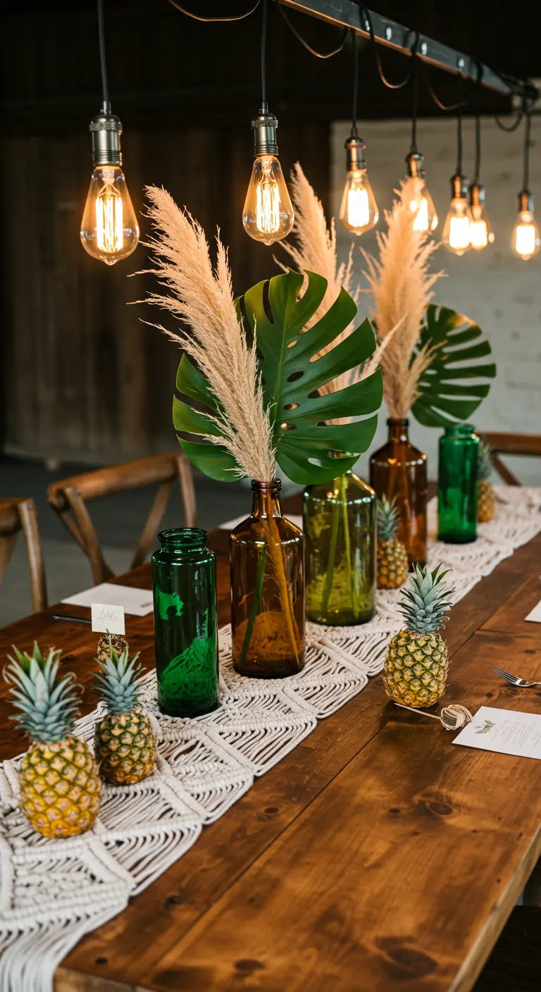 Table en bois avec chemin de table en macramé, herbe de la pampa et ananas.