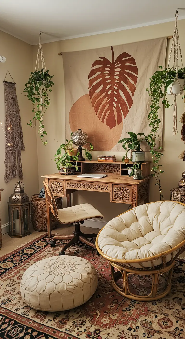 Bureau bohème avec tenture murale Monstera, fauteuil Papasan, tapis persan et nombreuses plantes.