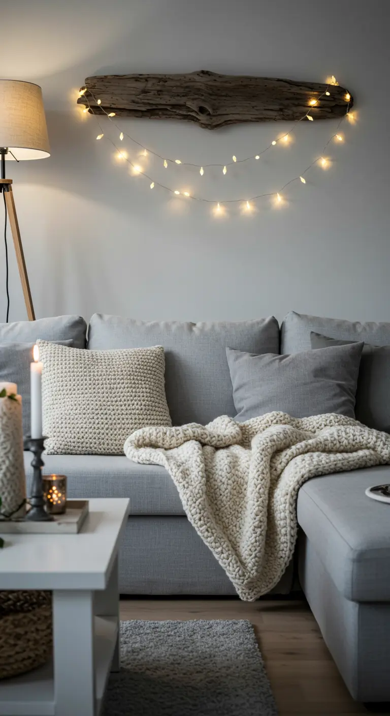 Bois flotté au-dessus d'un canapé gris, décoré d'une guirlande lumineuse.