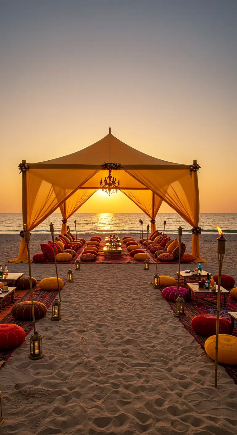 Tente installée sur une plage au coucher du soleil, avec des coussins au sol.