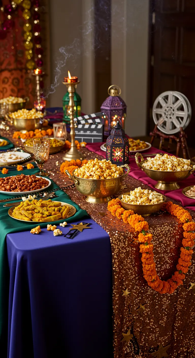 Table de fête Bollywood avec nappes colorées, guirlandes de soucis, lanternes et pop-corn.
