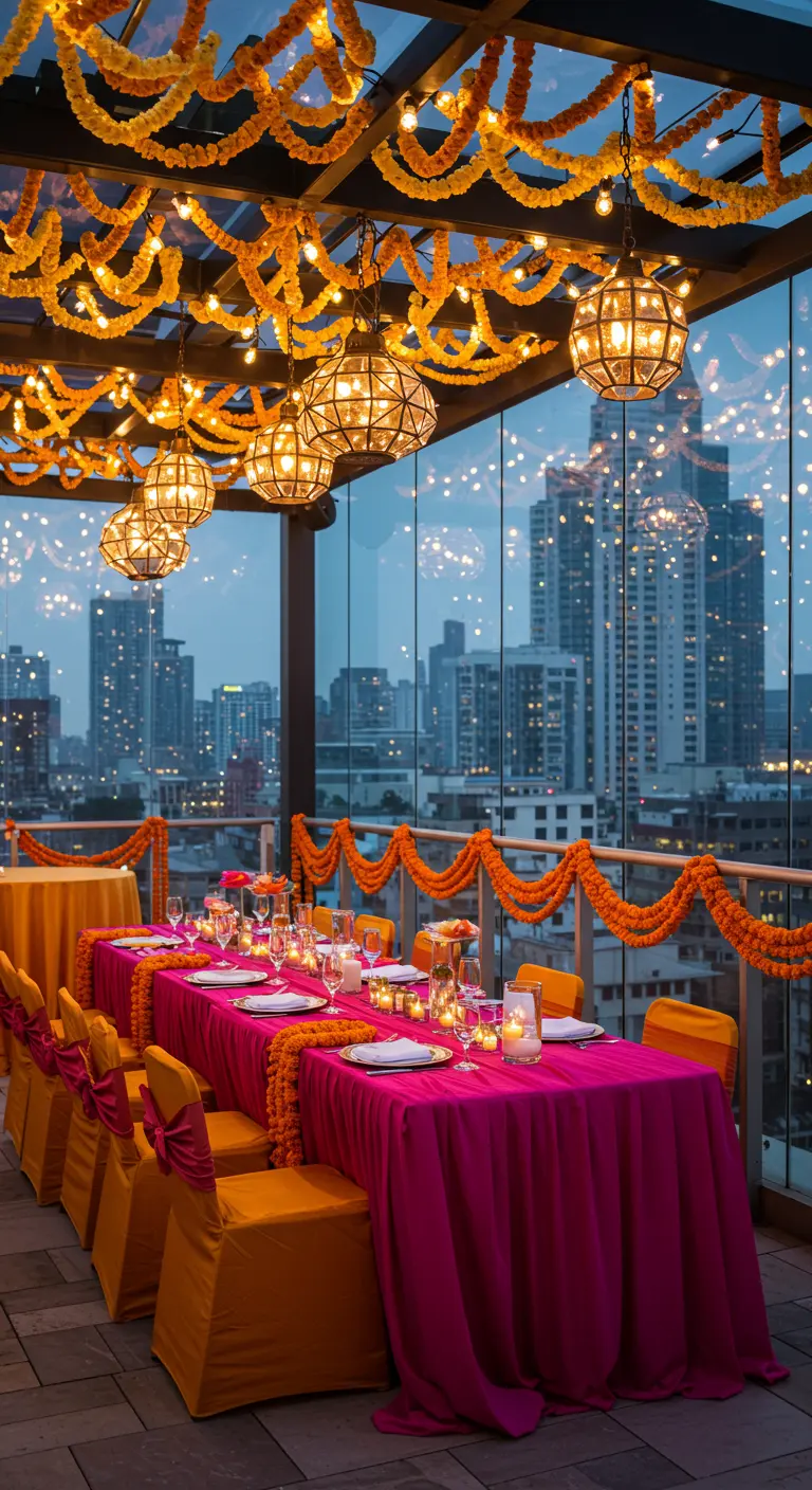Table de dîner sur un rooftop, avec nappe fuchsia et guirlandes de fleurs.